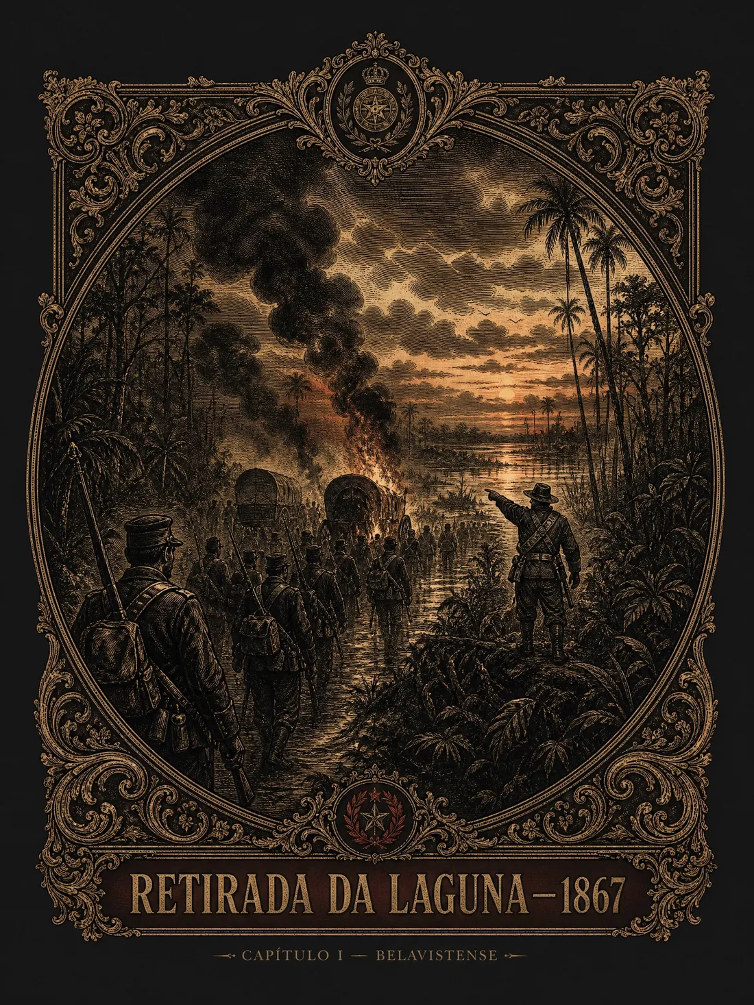 Gravura: Retirada da Laguna, 1867 — coluna em marcha entre carretas em chamas