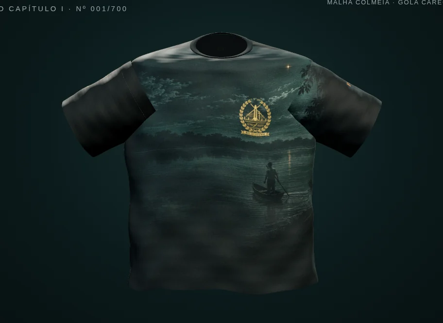 Camiseta BELAVISTENSE do Capítulo I — frente com a cena do rio e o emblema em ouro